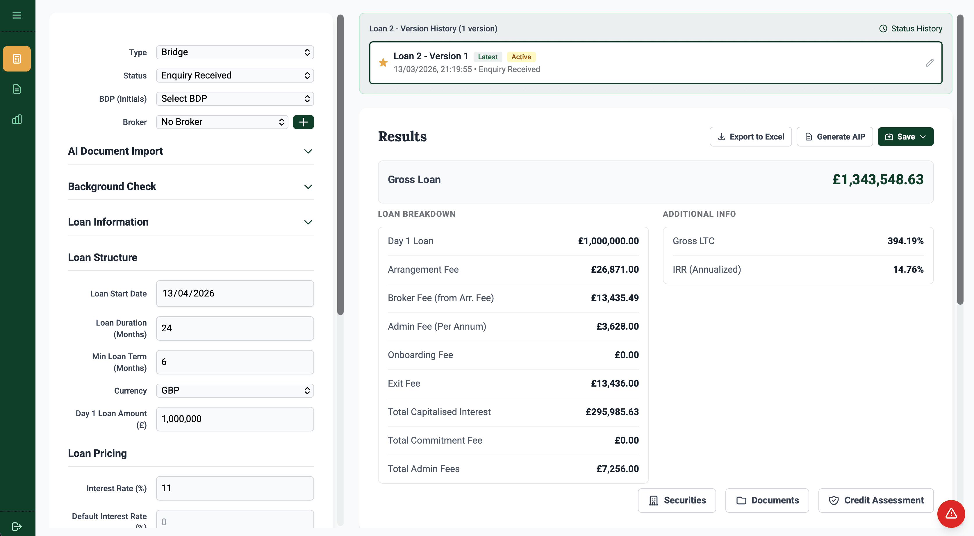 Lendscale underwriting dashboard showing loan breakdown, pricing, and AI assessment